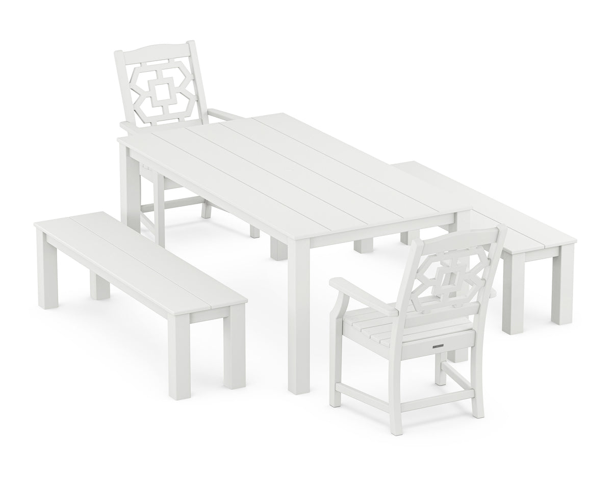 POLYWOOD Chinoiserie 5-Piece Parsons Dining Set with Benches in White