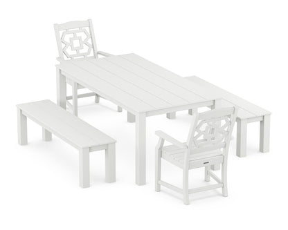 POLYWOOD Chinoiserie 5-Piece Parsons Dining Set with Benches in White