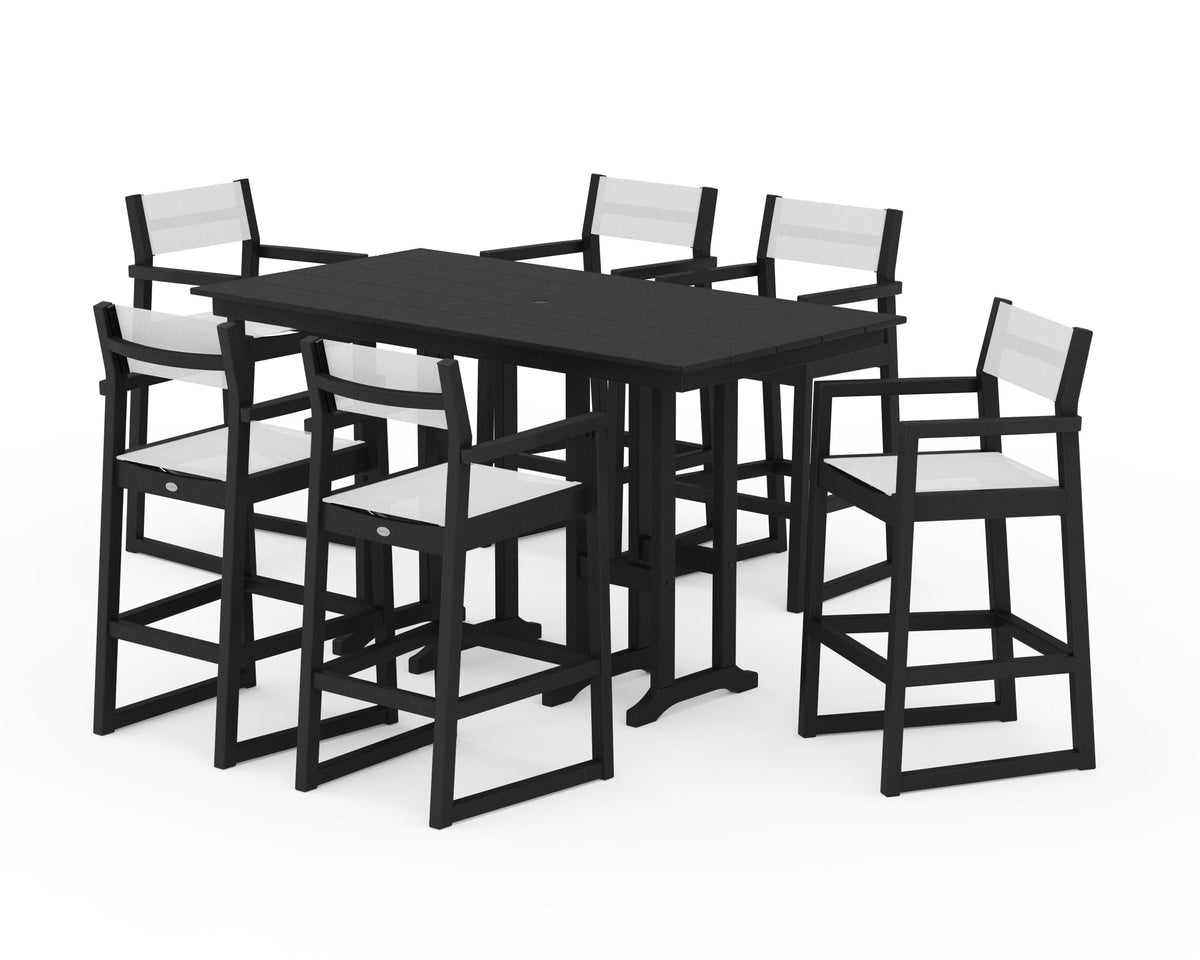 POLYWOOD EDGE Sling Arm Chair 7-Piece Farmhouse Bar Set in Black / White