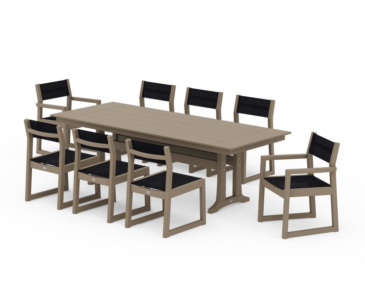 POLYWOOD EDGE Sling 9-Piece Farmhouse Trestle Dining Set in Vintage Sahara / Black