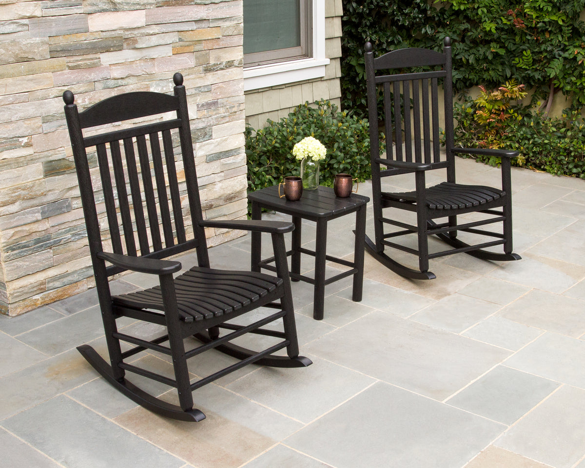 POLYWOOD Jefferson Rocking Chair in Black in an outdoor setting