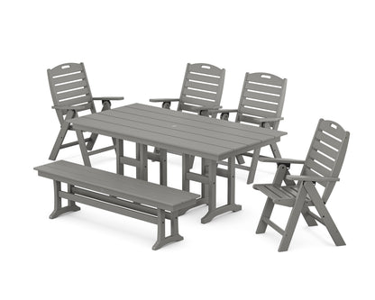 POLYWOOD Nautical Highback 6-Piece Farmhouse Dining Set with Bench in Slate Grey