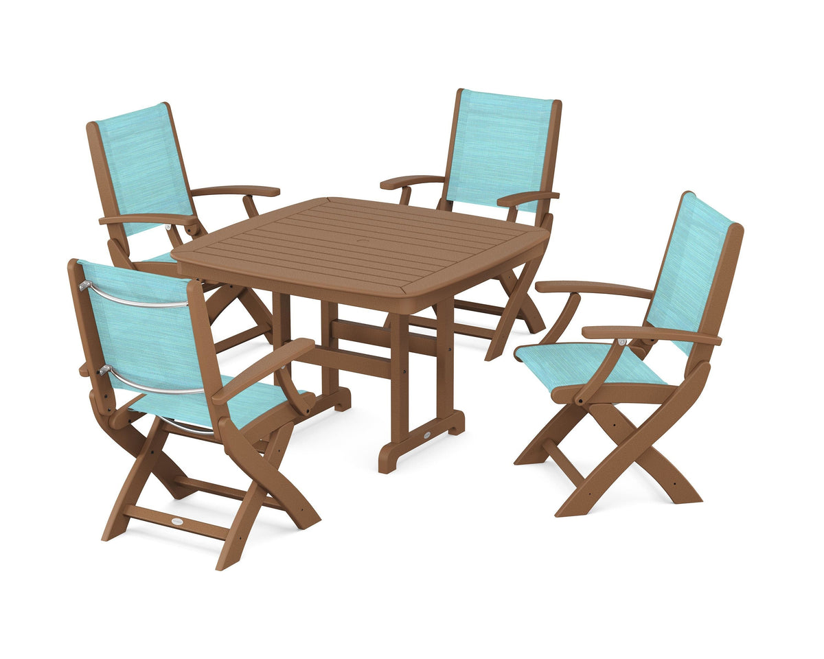 POLYWOOD Coastal Folding Chair 5-Piece Dining Set with Nautical 44" Dining Table in Teak / Dupioni Aquamarine