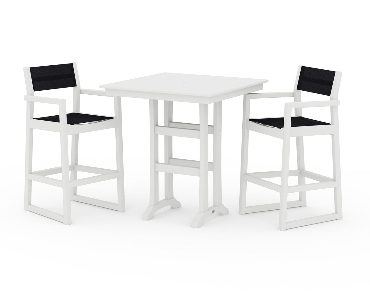 POLYWOOD EDGE Sling Arm Chair 3-Piece Farmhouse Bar Set with Trestle Legs in White / Black