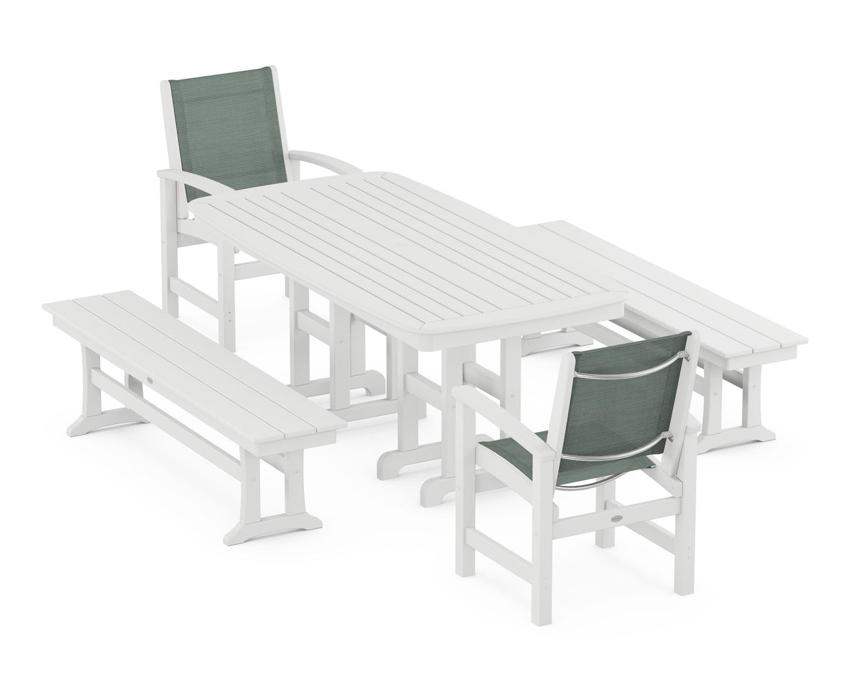 POLYWOOD Coastal 5-Piece Dining Set with Nautical 37" x 72" Dining Table in White / Dupioni Sea Mist
