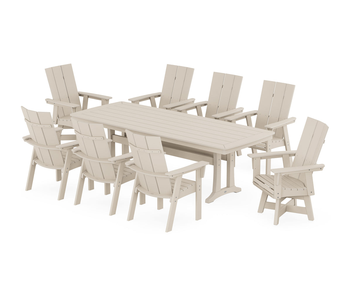 POLYWOOD Modern Curveback Adirondack Swivel 9-Piece Dining Set with Trestle Legs in Sand