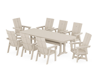 POLYWOOD Modern Curveback Adirondack Swivel 9-Piece Dining Set with Trestle Legs in Sand