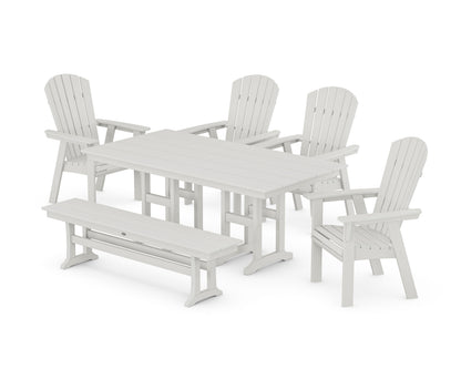 POLYWOOD Nautical Curveback Adirondack 6-Piece Farmhouse Dining Set with Bench in Vintage White