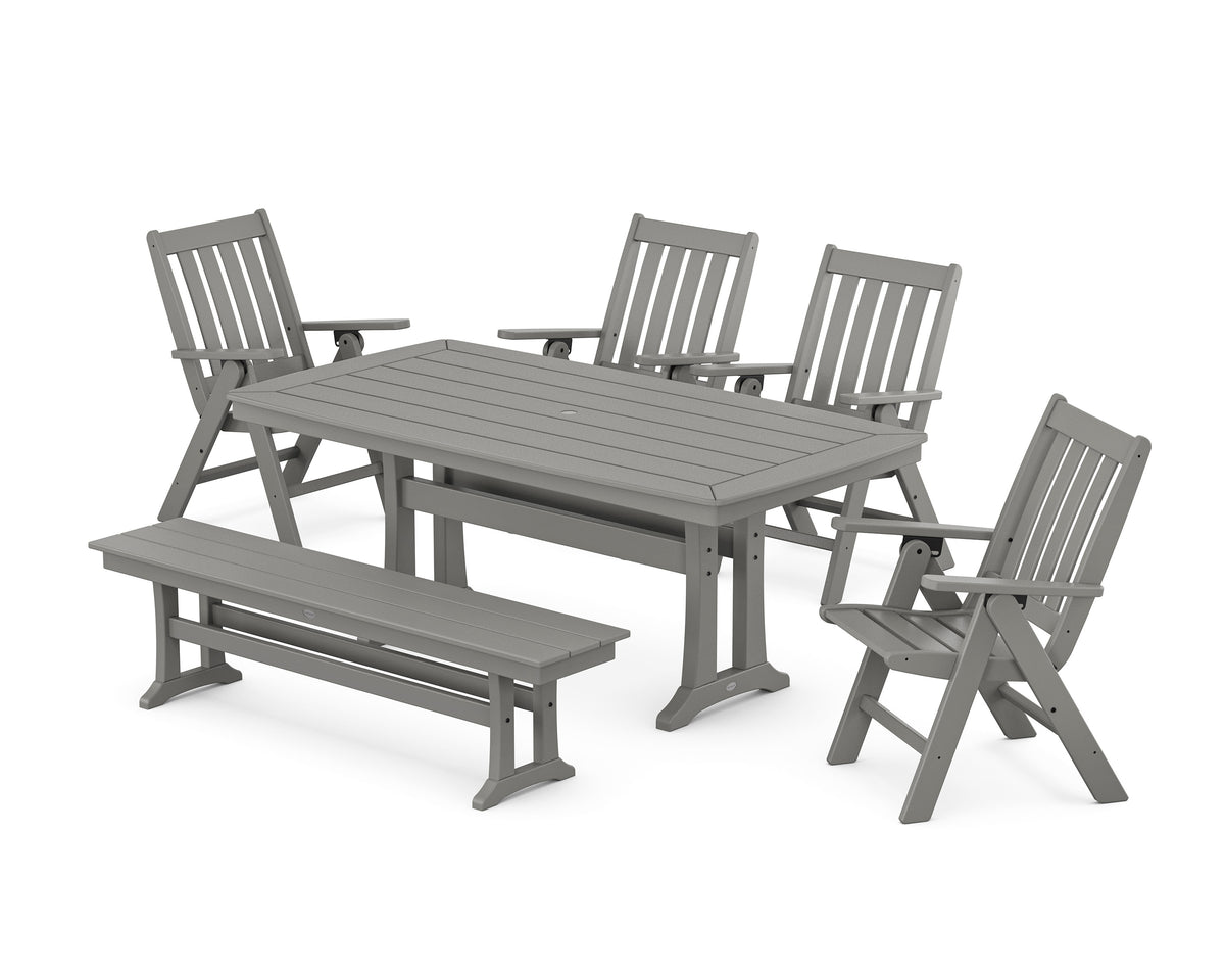 POLYWOOD Vineyard Folding Chair 6-Piece Dining Set with Trestle Legs and Bench in Slate Grey