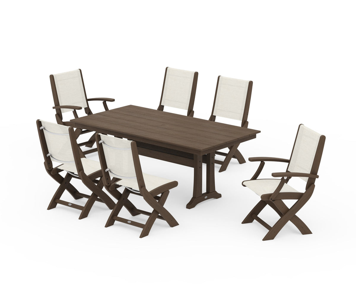 POLYWOOD Coastal Folding Chair 7-Piece Farmhouse Dining Set with Trestle Legs in Kona / Parchment