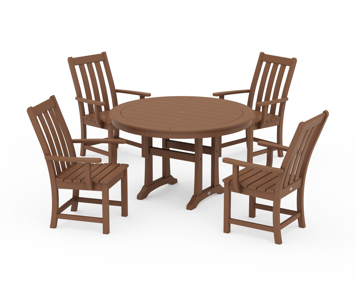 POLYWOOD Vineyard 5-Piece Round Dining Set with Trestle Legs in Teak