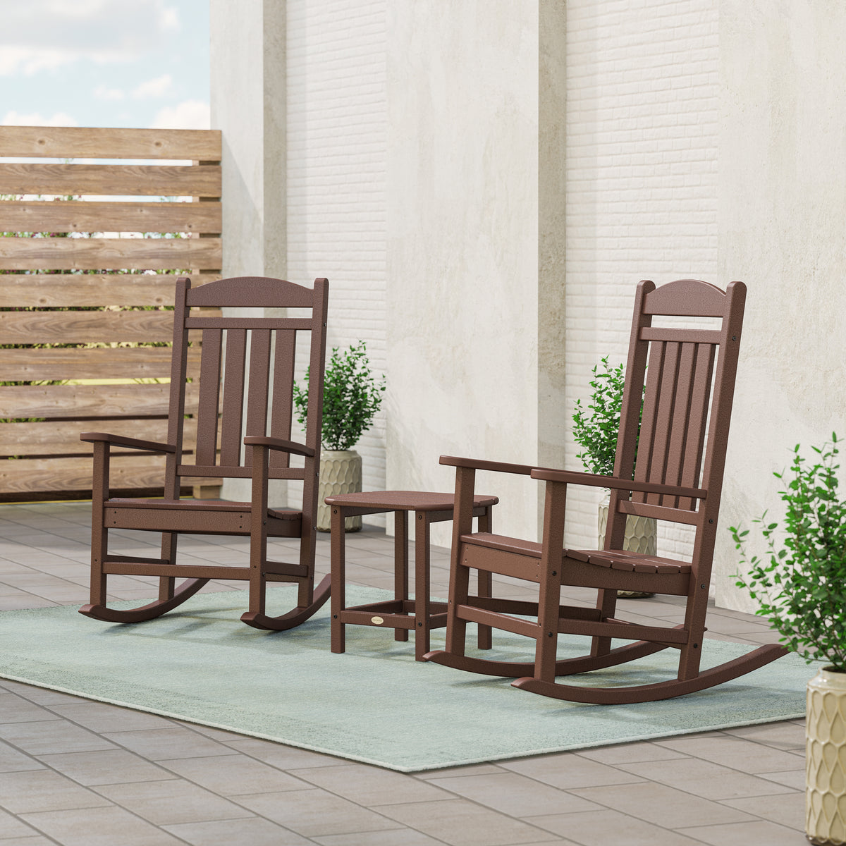 POLYWOOD Presidential 3-Piece Rocking Chair Set with 18" South Beach Side Table in Mahogany in an outdoor setting