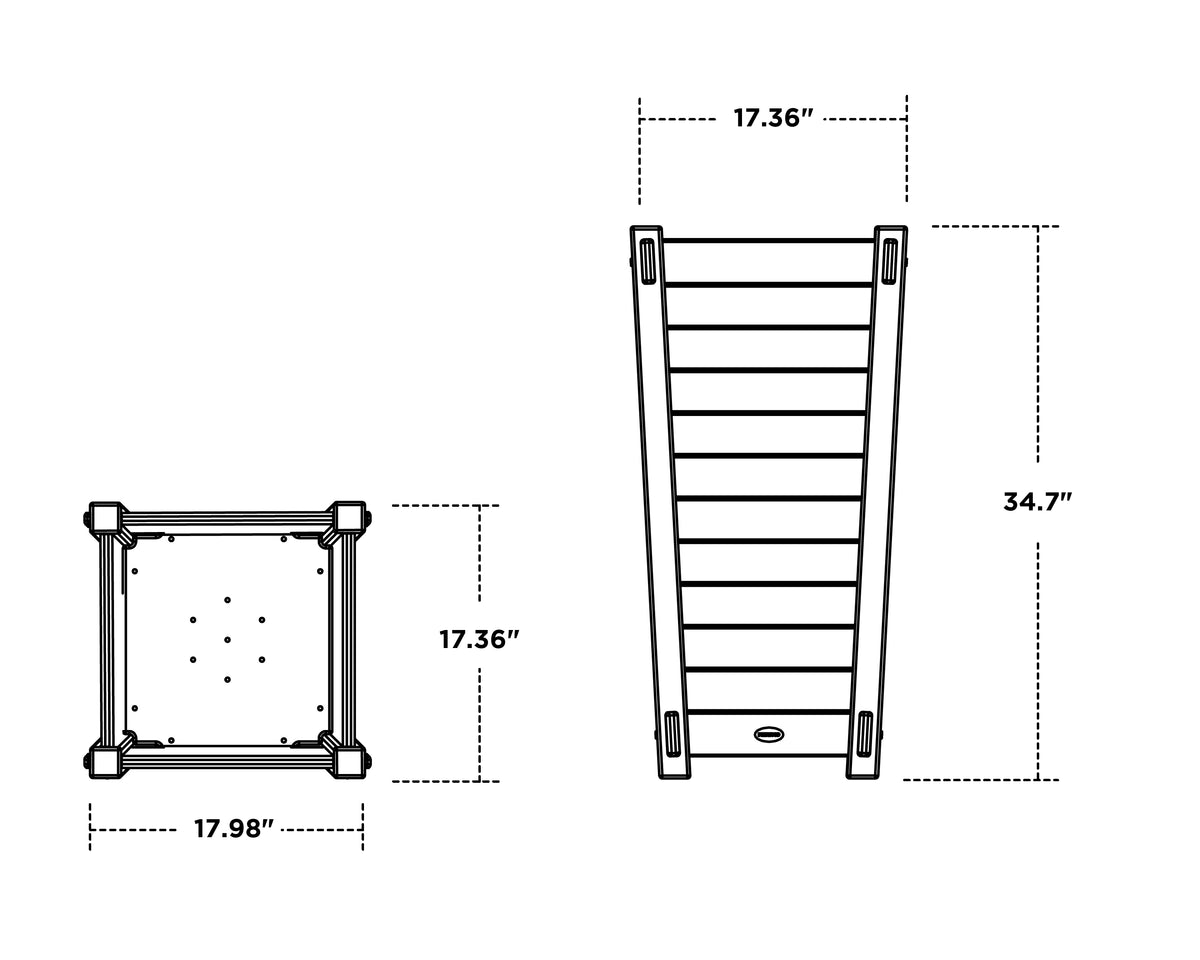 POLYWOOD Nautical Tapered Square Planter Box dimension drawing with width, depth and height measurements