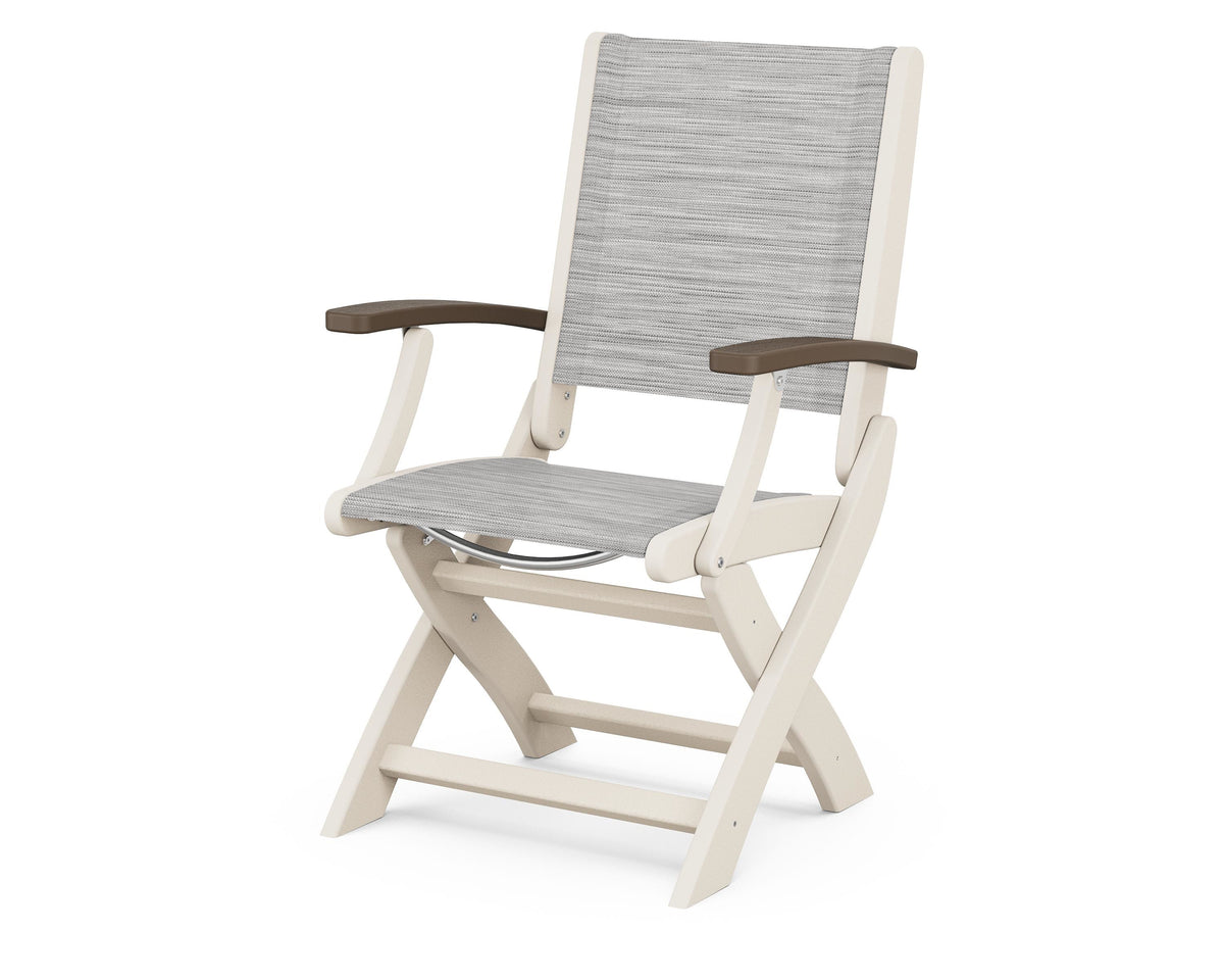 POLYWOOD Coastal Folding Chair in Sand with Kona arms and Metallic sling
