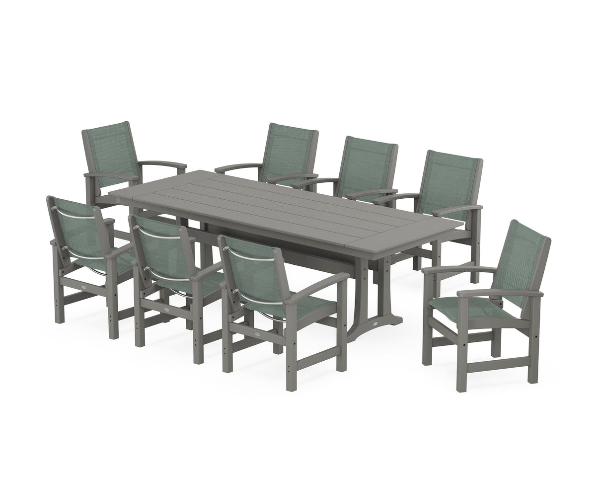 POLYWOOD Coastal 9-Piece Farmhouse Dining Set with Trestle Legs in Slate Grey / Dupioni Sea Mist