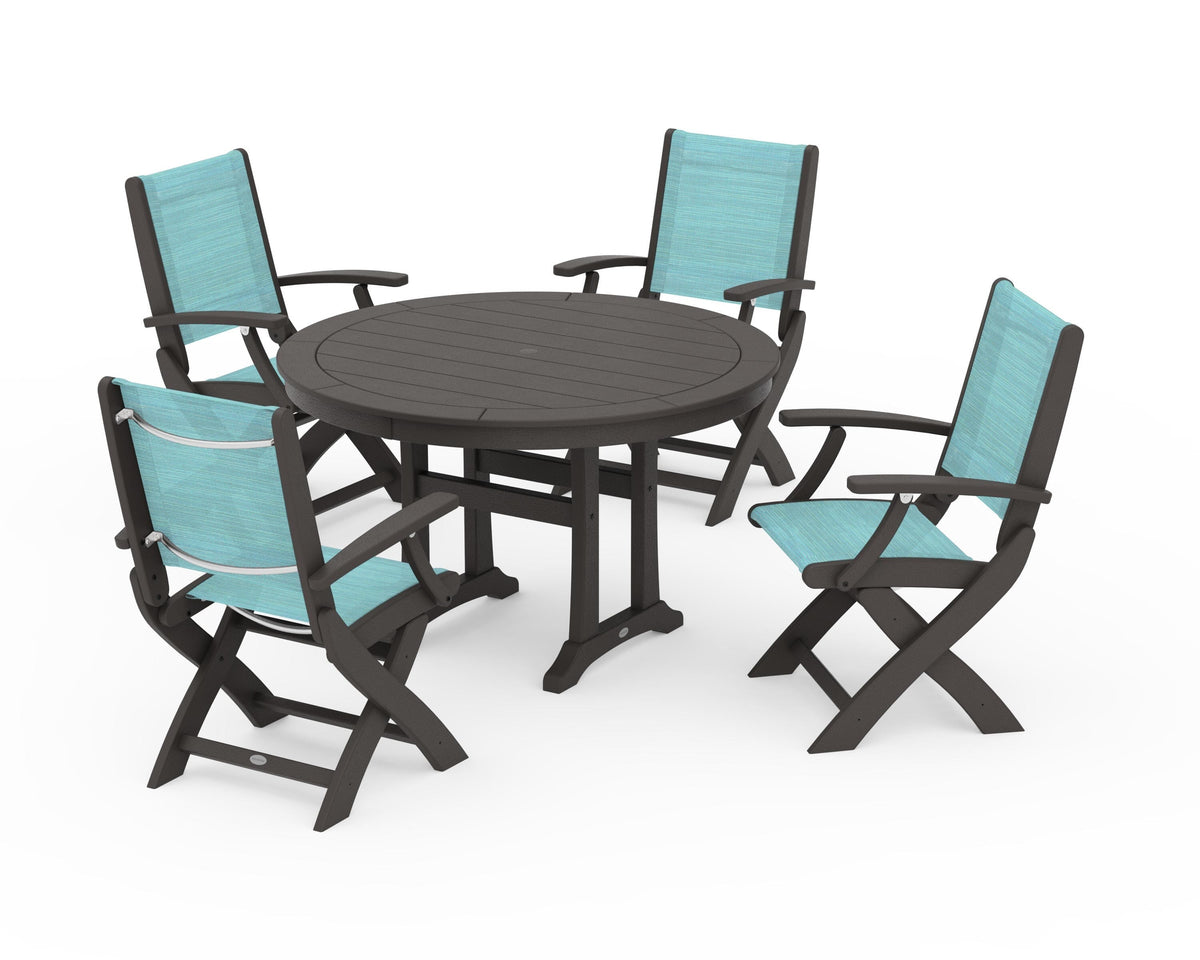 POLYWOOD Coastal Folding Chair 5-Piece Round Dining Set with Trestle Legs in Vintage Coffee / Dupioni Aquamarine