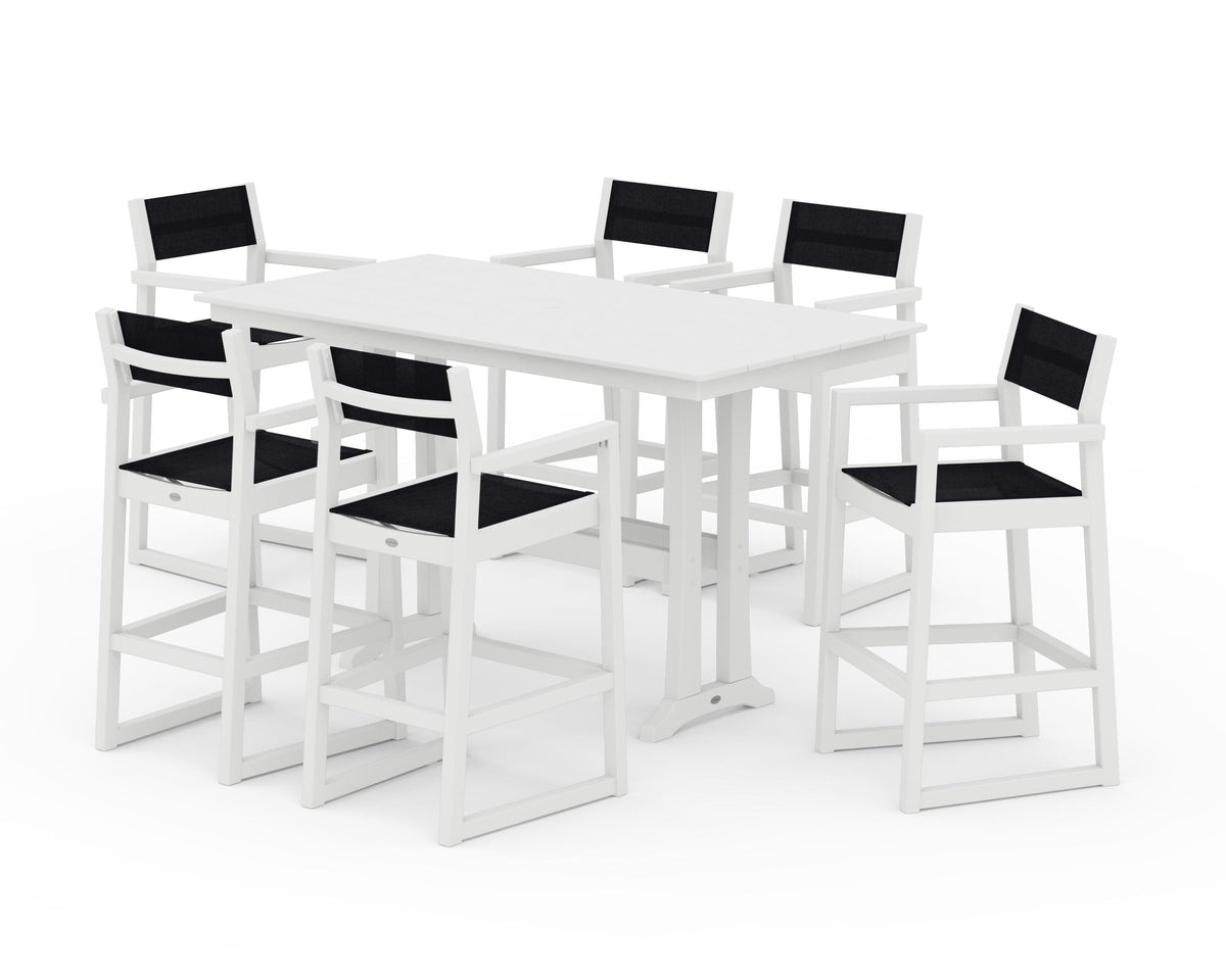 POLYWOOD EDGE Sling Arm Chair 7-Piece Farmhouse Bar Set with Trestle Legs in White / Black