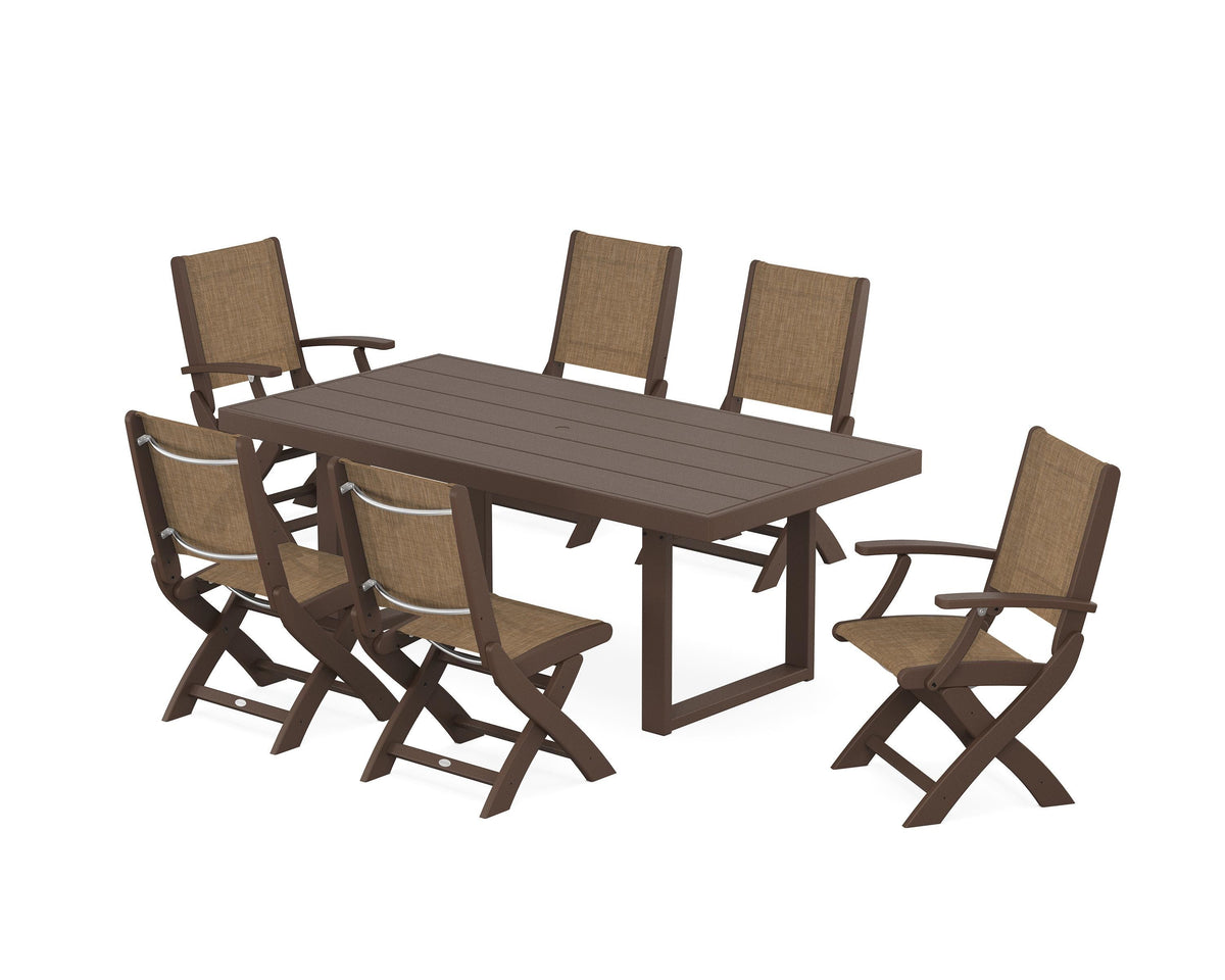 POLYWOOD Coastal Folding Chair 7-Piece Dining Set with Trestle Legs with EDGE 40" x 78" Dining Table in Mahogany / Burlap