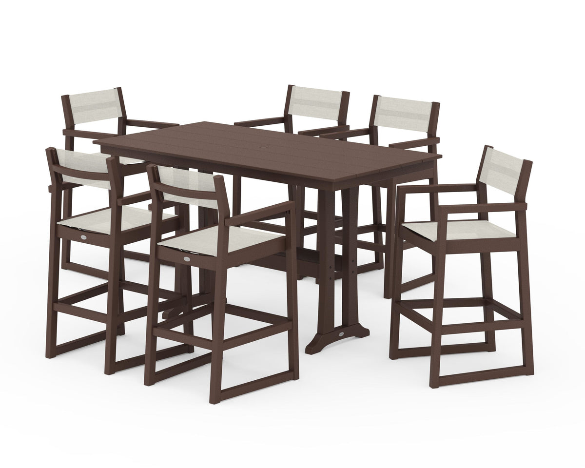 POLYWOOD EDGE Sling Arm Chair 7-Piece Farmhouse Bar Set with Trestle Legs in Mahogany / Parchment