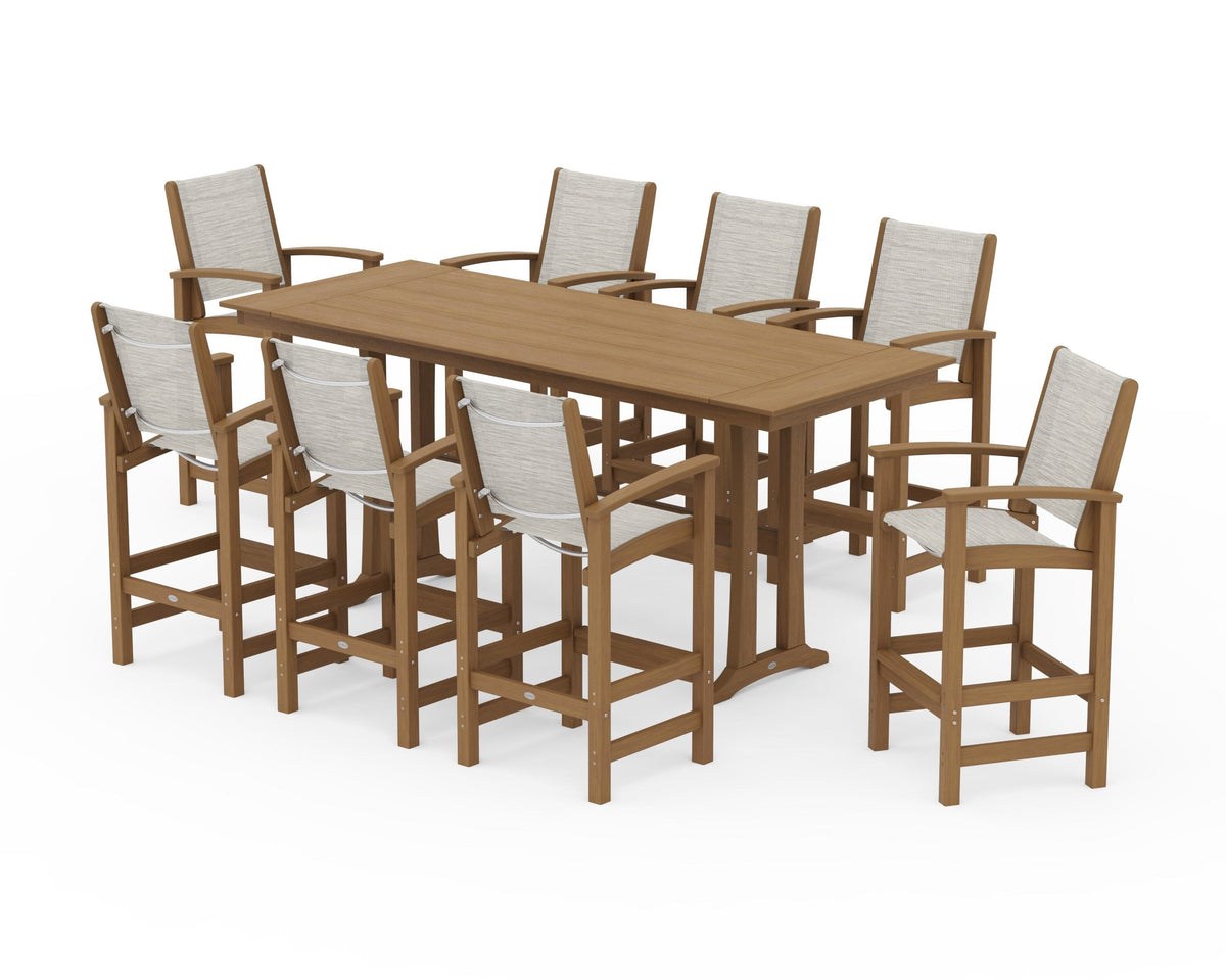 POLYWOOD Coastal 9-Piece Farmhouse Bar Set with Trestle Legs in Natural / Birch