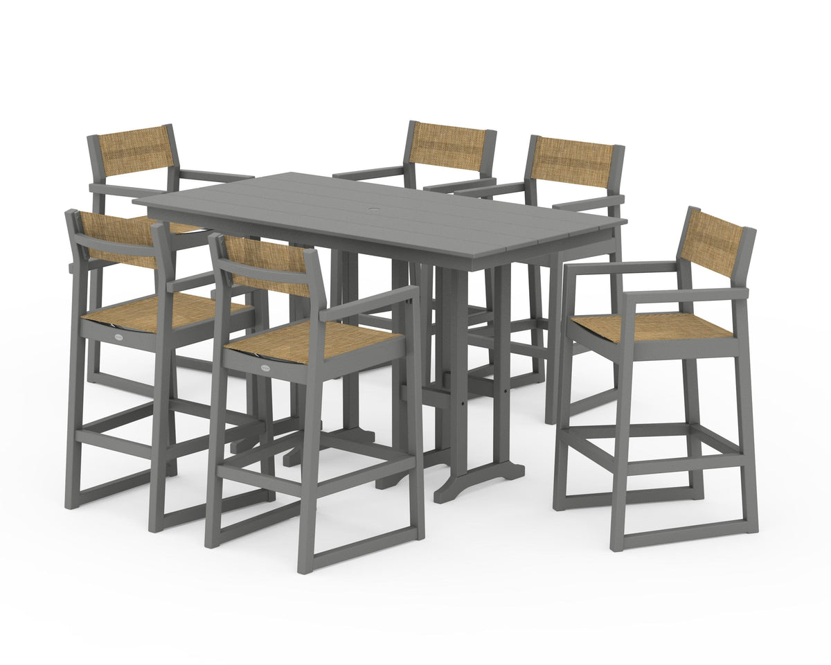 POLYWOOD EDGE Sling Arm Chair 7-Piece Farmhouse Bar Set in Slate Grey / Burlap