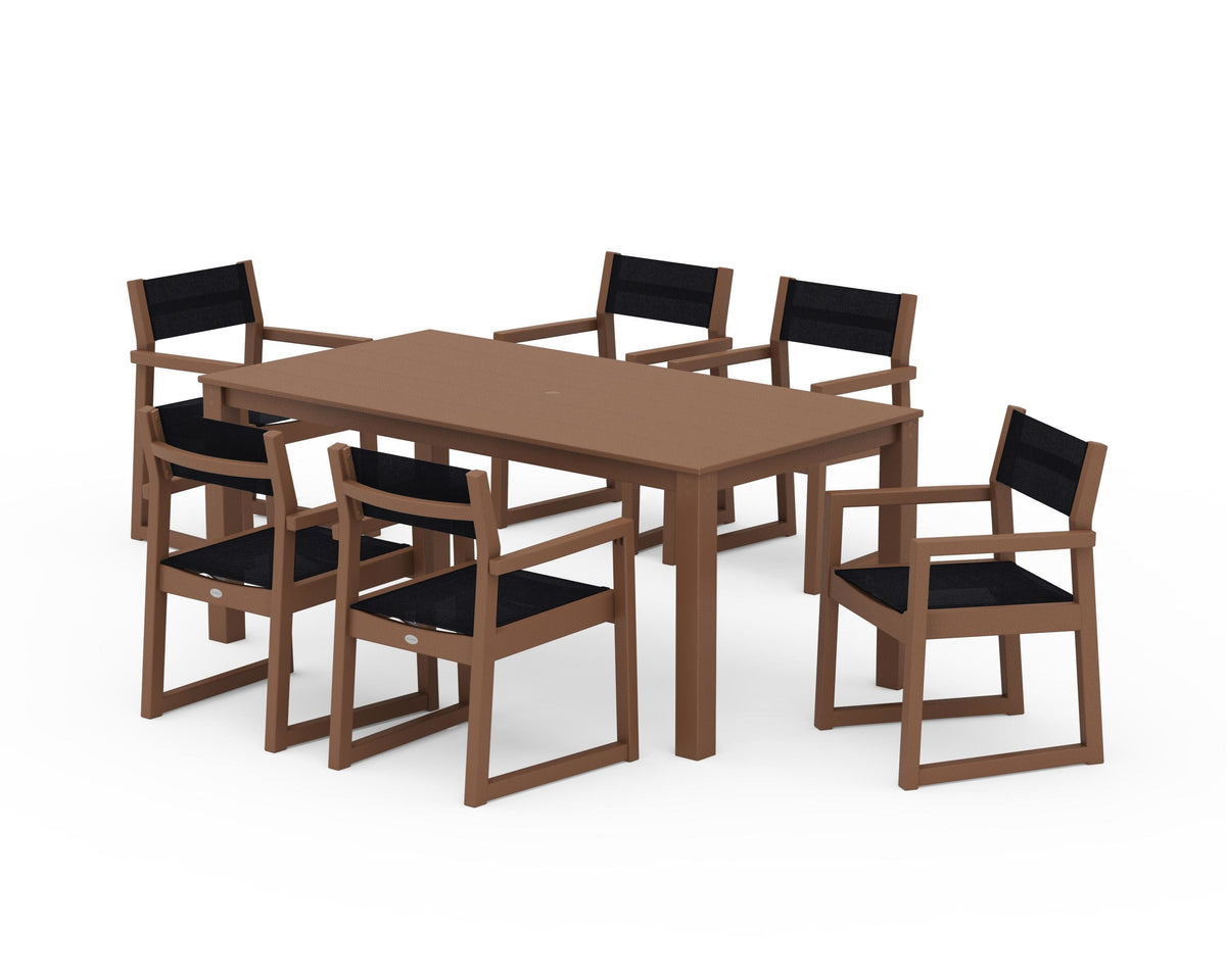 POLYWOOD EDGE Sling Arm Chair 7-Piece Parsons Dining Set in Teak / Black