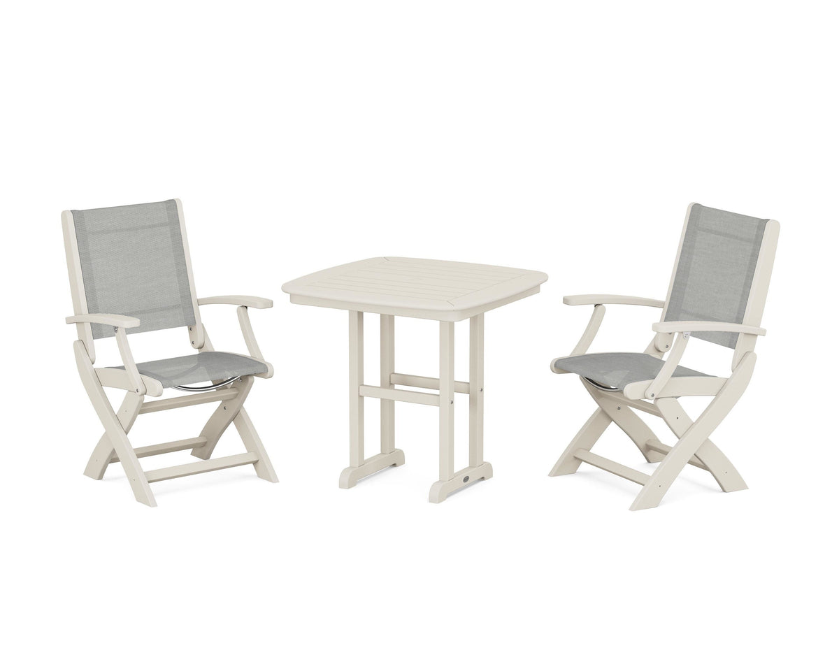 POLYWOOD Coastal Folding Chair 3-Piece Dining Set in Sand / Metallic