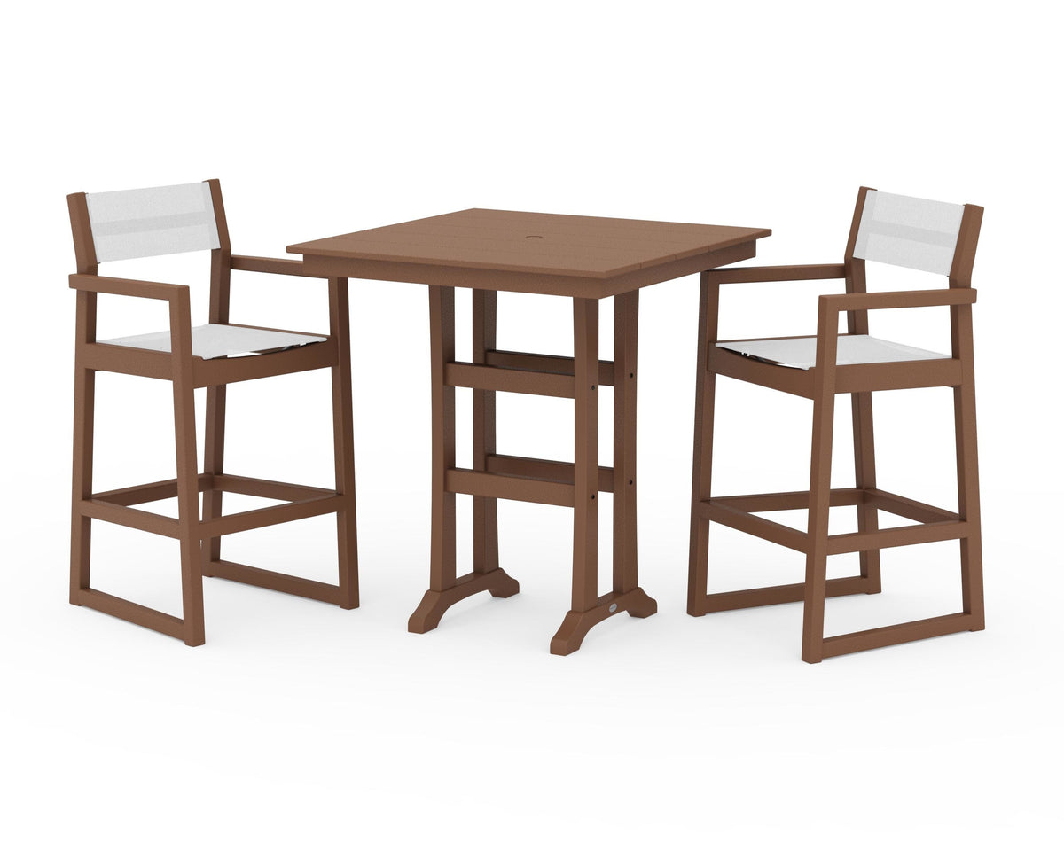 POLYWOOD EDGE Sling Arm Chair 3-Piece Farmhouse Bar Set with Trestle Legs in Teak / White