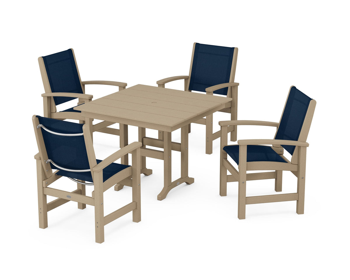 POLYWOOD Coastal 5-Piece Farmhouse Dining Set with Farmhouse 37" Dining Table in Vintage Sahara / Navy Blue