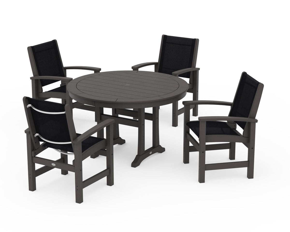 POLYWOOD Coastal 5-Piece Round Dining Set with Trestle Legs in Vintage Coffee / Black
