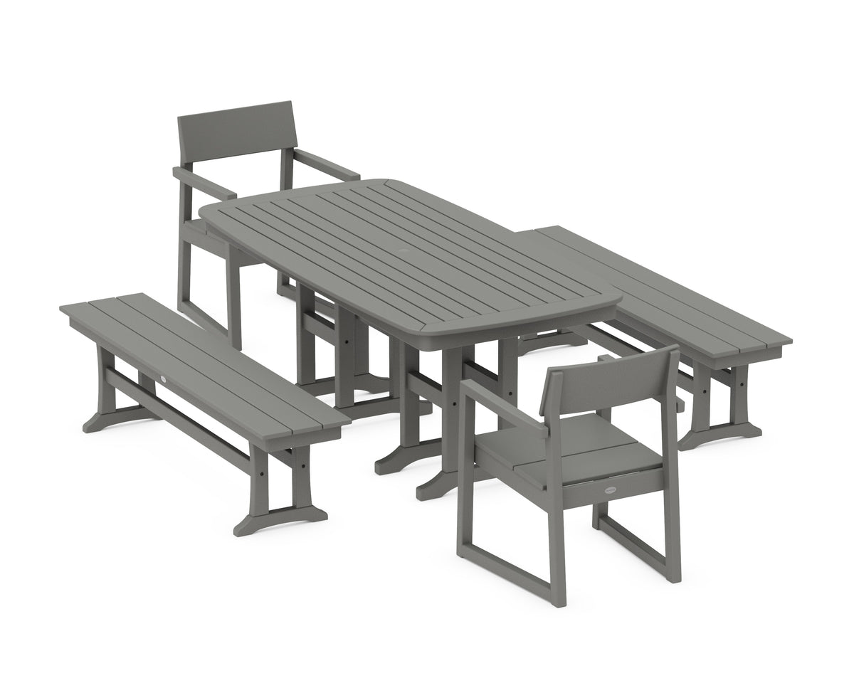 POLYWOOD EDGE 5-Piece Dining Set with Benches (Nautical 37" x 72" Table) in Slate Grey
