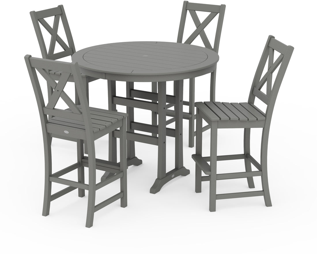 POLYWOOD Braxton 5-Piece Nautical Trestle Arm Chair Bar Set in Slate Grey