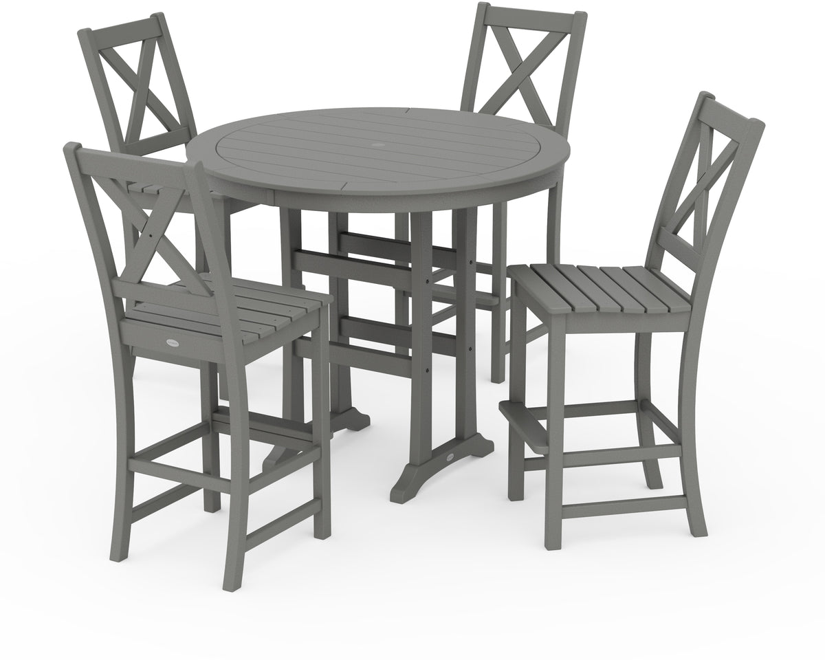POLYWOOD Braxton 5-Piece Nautical Trestle Arm Chair Bar Set in Slate Grey