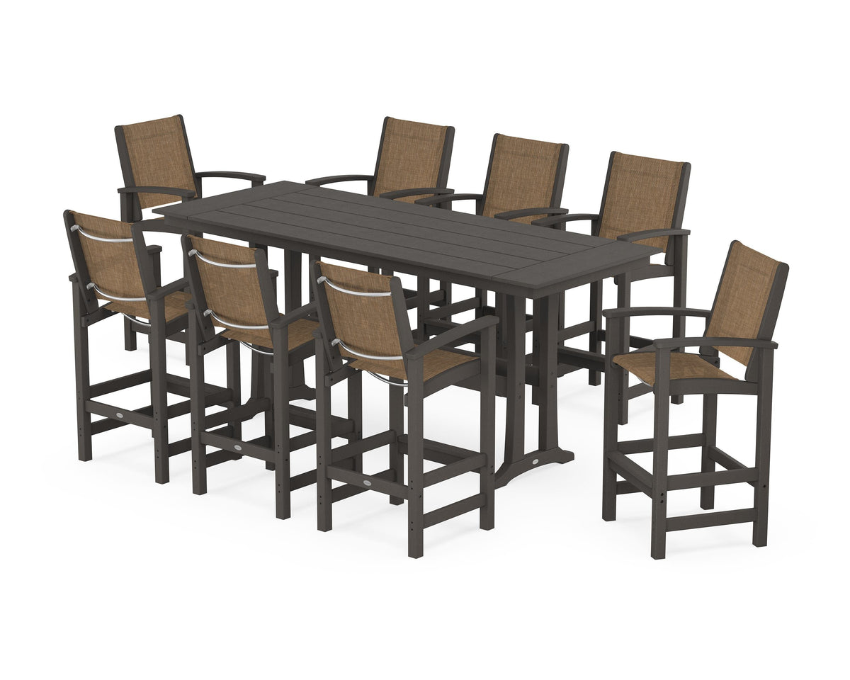 POLYWOOD Coastal 9-Piece Farmhouse Bar Set with Trestle Legs in Vintage Coffee / Burlap