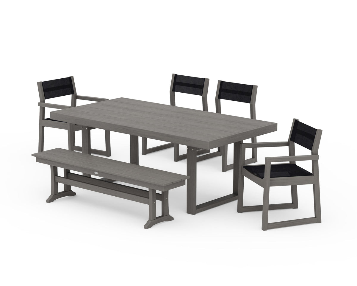 POLYWOOD EDGE Sling 6-Piece Dining Set with Bench in Driftwood / Black
