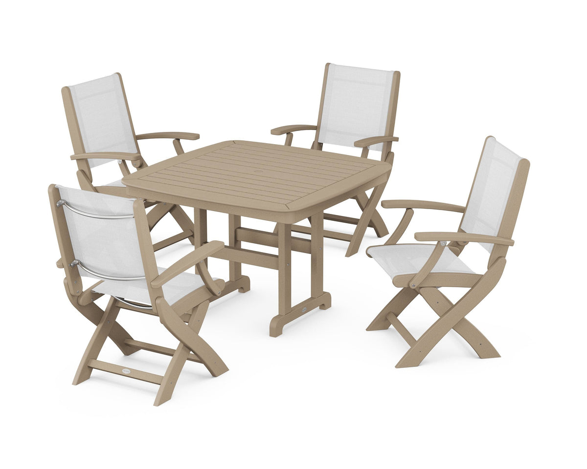 POLYWOOD Coastal Folding Chair 5-Piece Dining Set with Nautical 44" Dining Table in Vintage Sahara / White