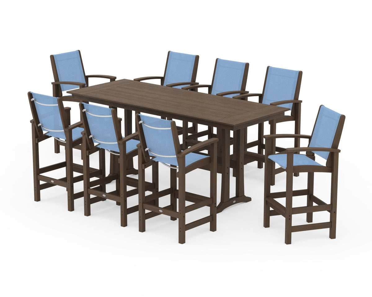 POLYWOOD Coastal 9-Piece Farmhouse Bar Set with Trestle Legs in Kona / Poolside