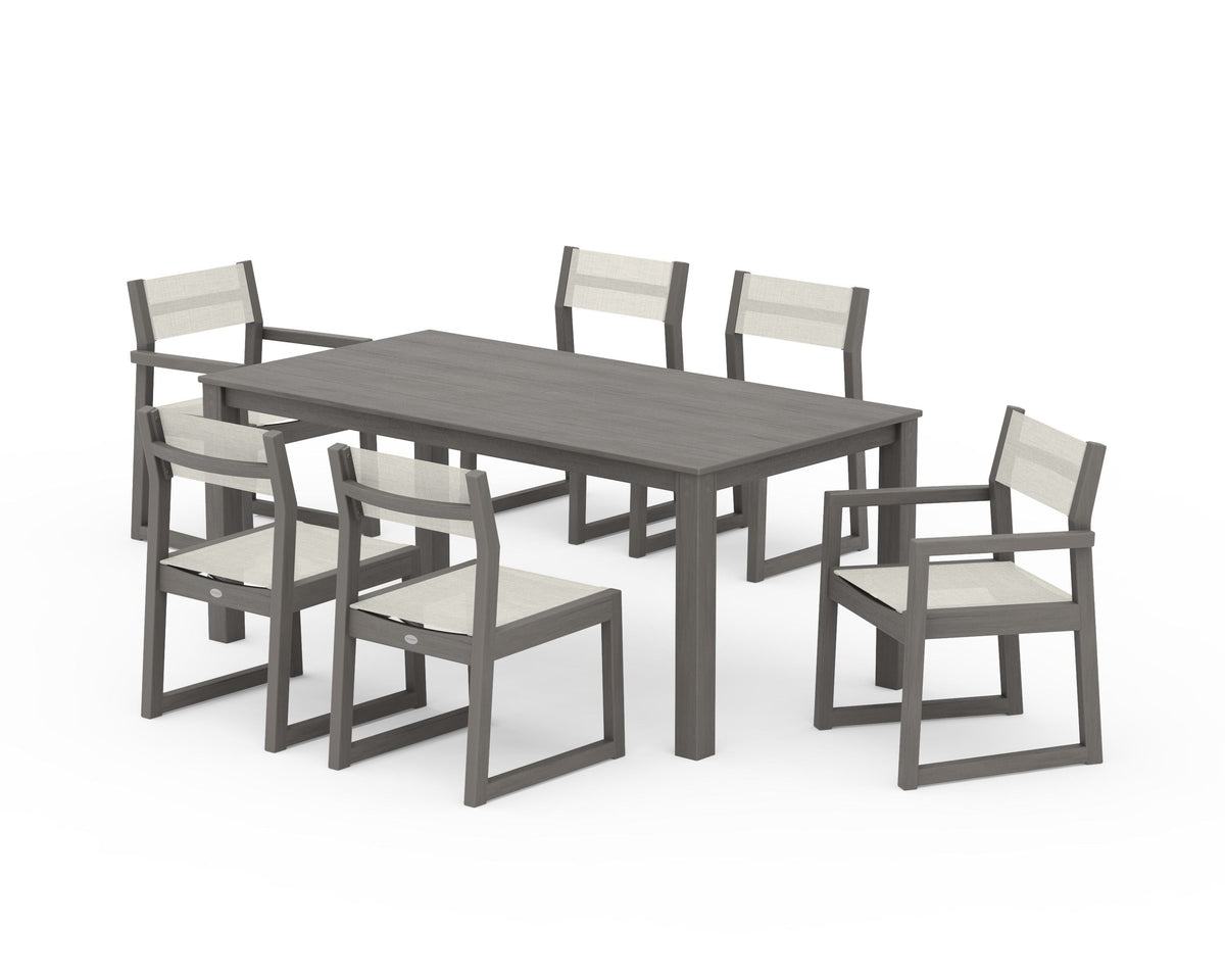 POLYWOOD EDGE Sling 7-Piece Parsons Dining Set in Driftwood / Parchment