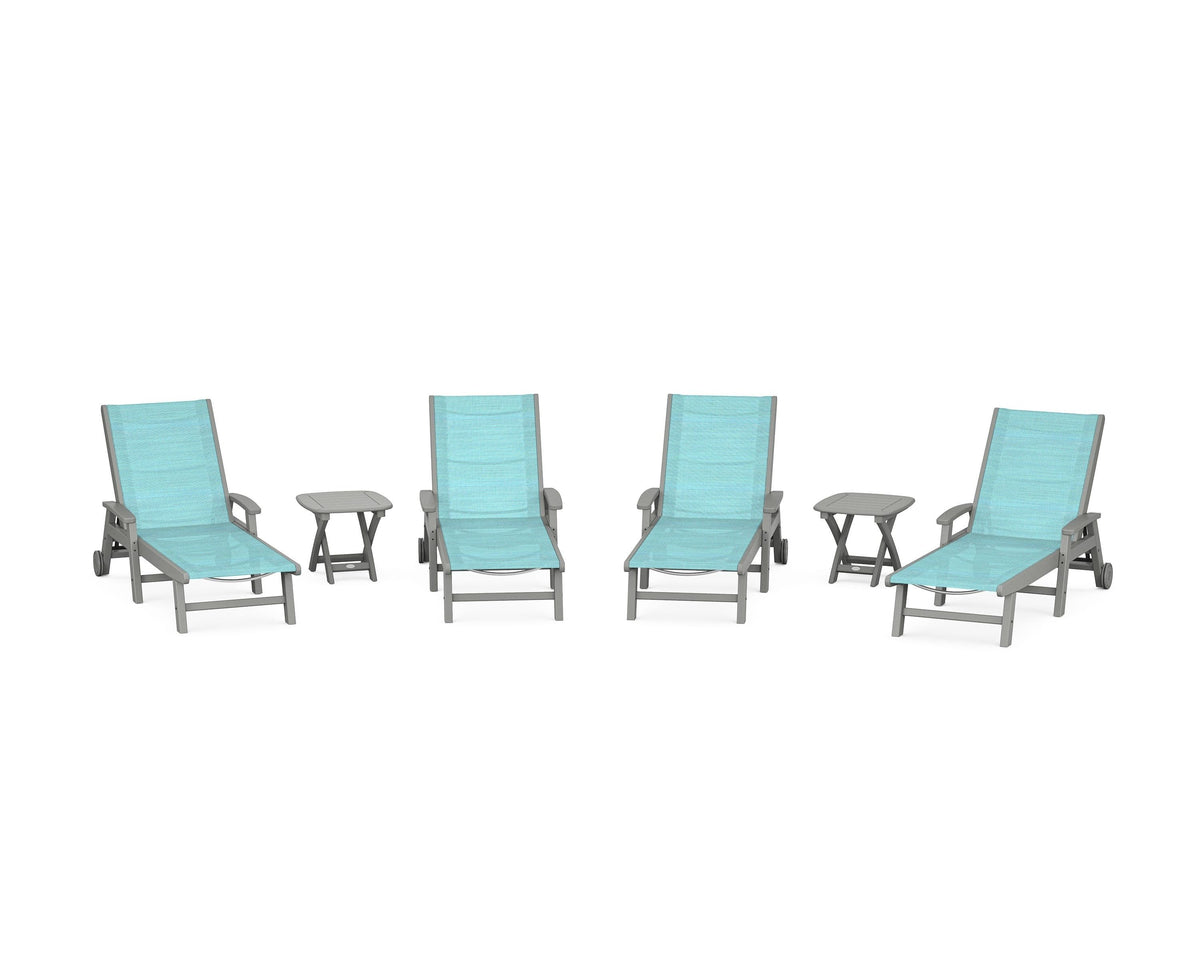 POLYWOOD Coastal Chaise 6-Piece Set with Wheels in Slate Grey / Dupioni Aquamarine