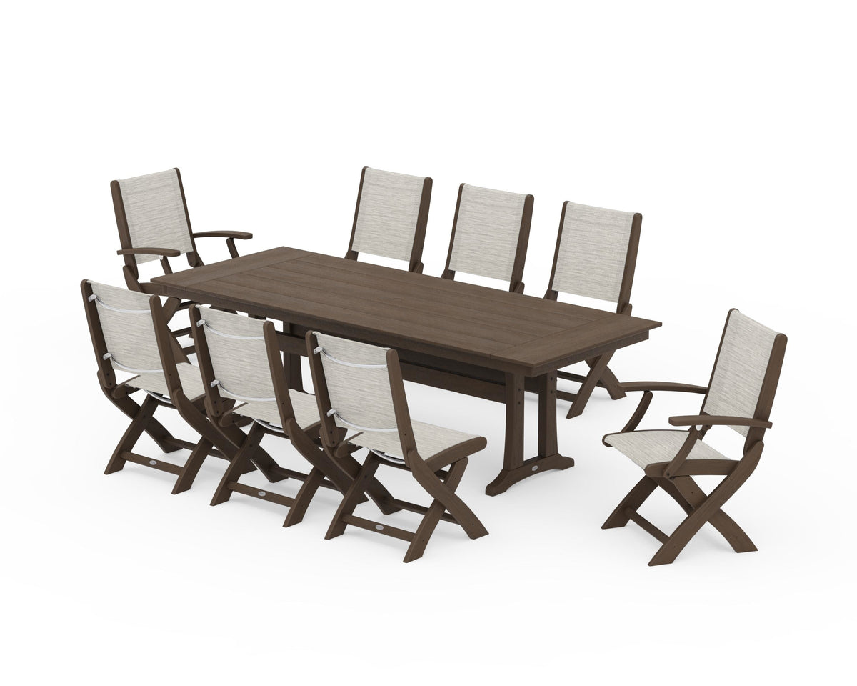 POLYWOOD Coastal 9-Piece Folding Dining Chair Farmhouse Dining Set with Trestle Legs in Kona / Birch