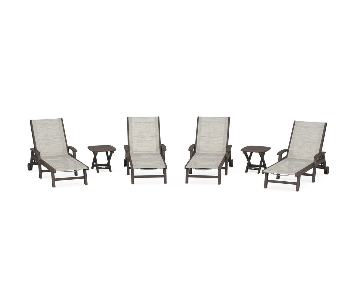 POLYWOOD Coastal Chaise 6-Piece Set with Wheels in Vintage Coffee / Birch