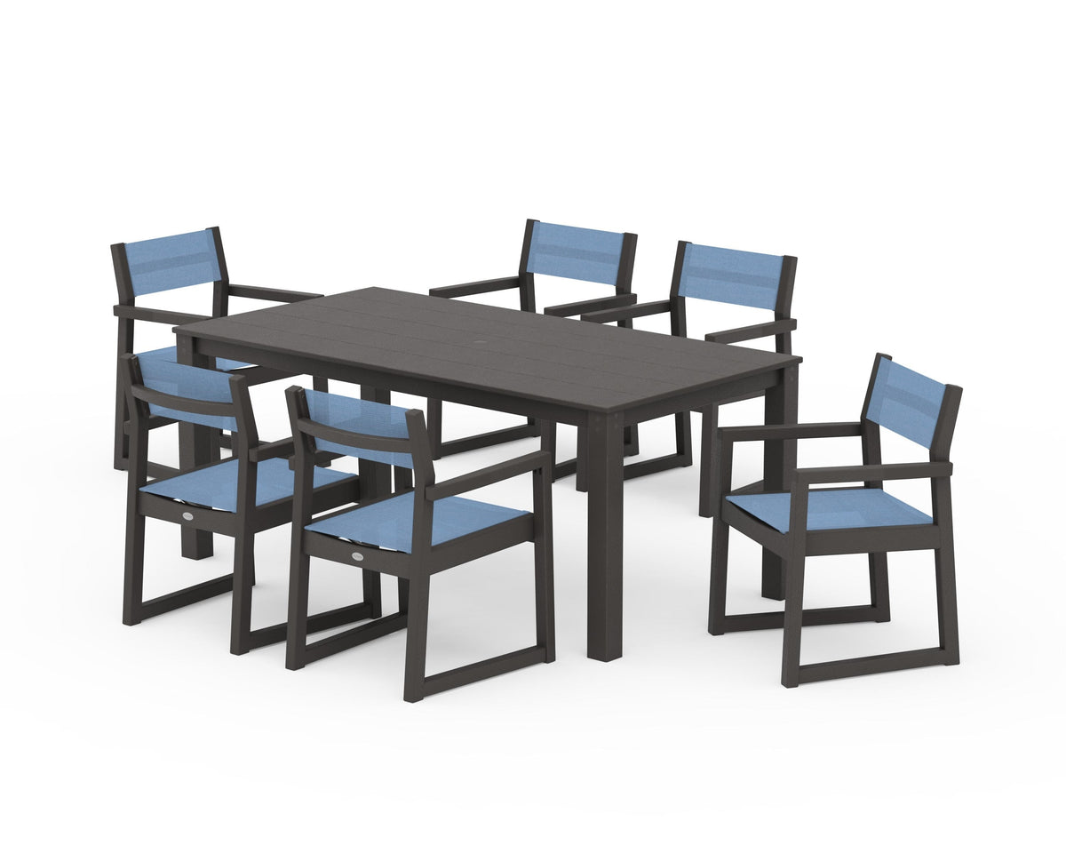 POLYWOOD EDGE Sling Arm Chair 7-Piece Parsons Dining Set in Vintage Coffee / Poolside