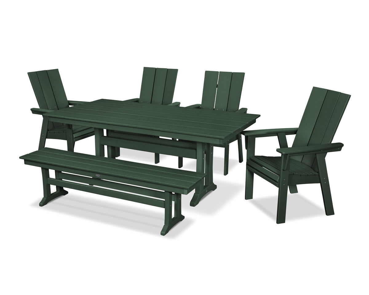 POLYWOOD Modern Curveback Adirondack 6-Piece Farmhouse Dining Set with Trestle Legs and Bench - 37" x 72" Table in Green