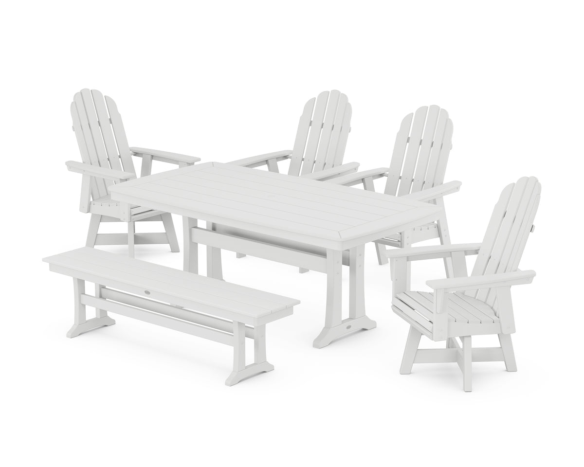 POLYWOOD Vineyard Curveback Adirondack Swivel Chair 6-Piece Dining Set with Trestle Legs and Bench in White