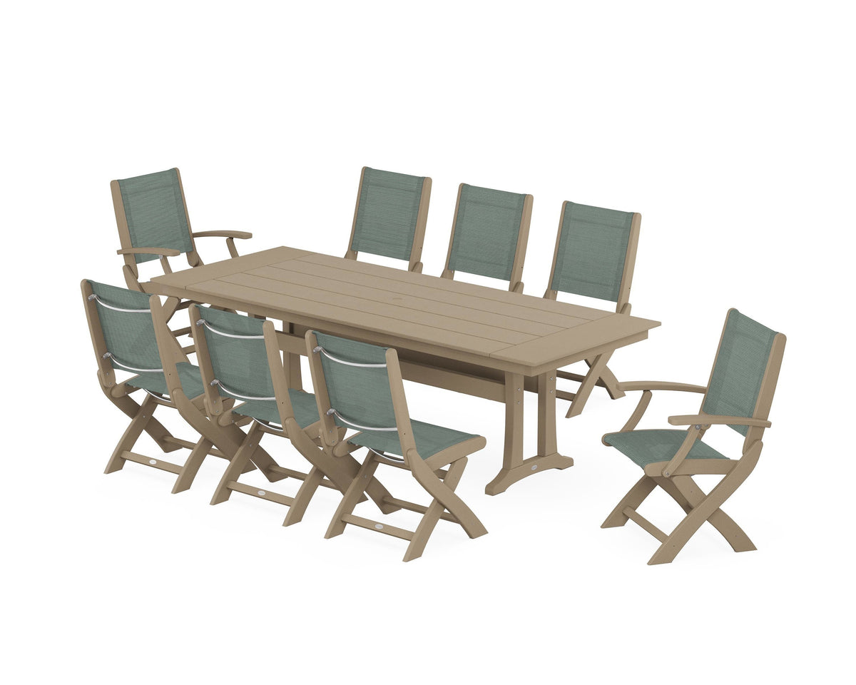 POLYWOOD Coastal 9-Piece Folding Dining Chair Farmhouse Dining Set with Trestle Legs in Vintage Sahara / Dupioni Sea Mist