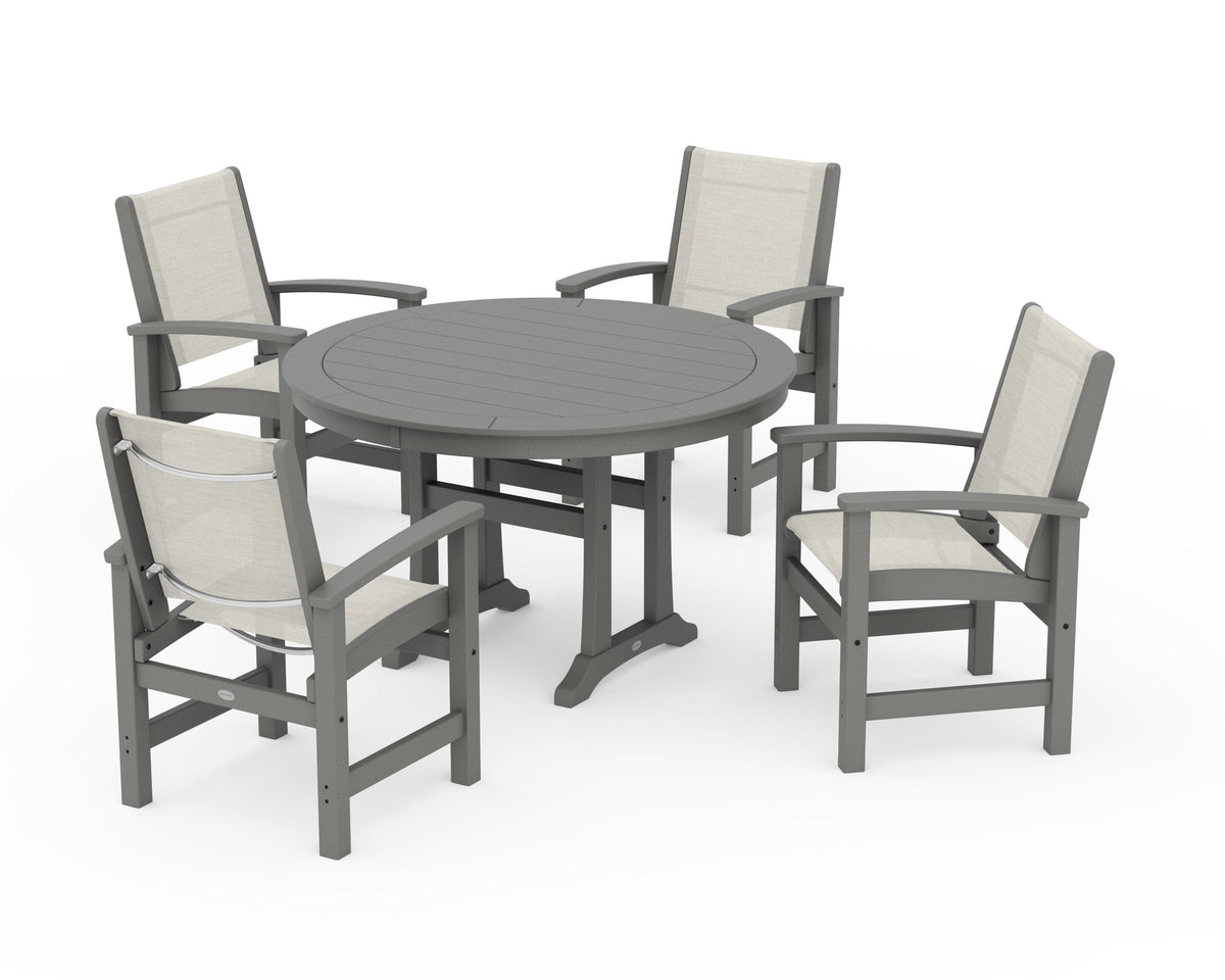 POLYWOOD Coastal 5-Piece Round Dining Set with Trestle Legs in Slate Grey / Parchment