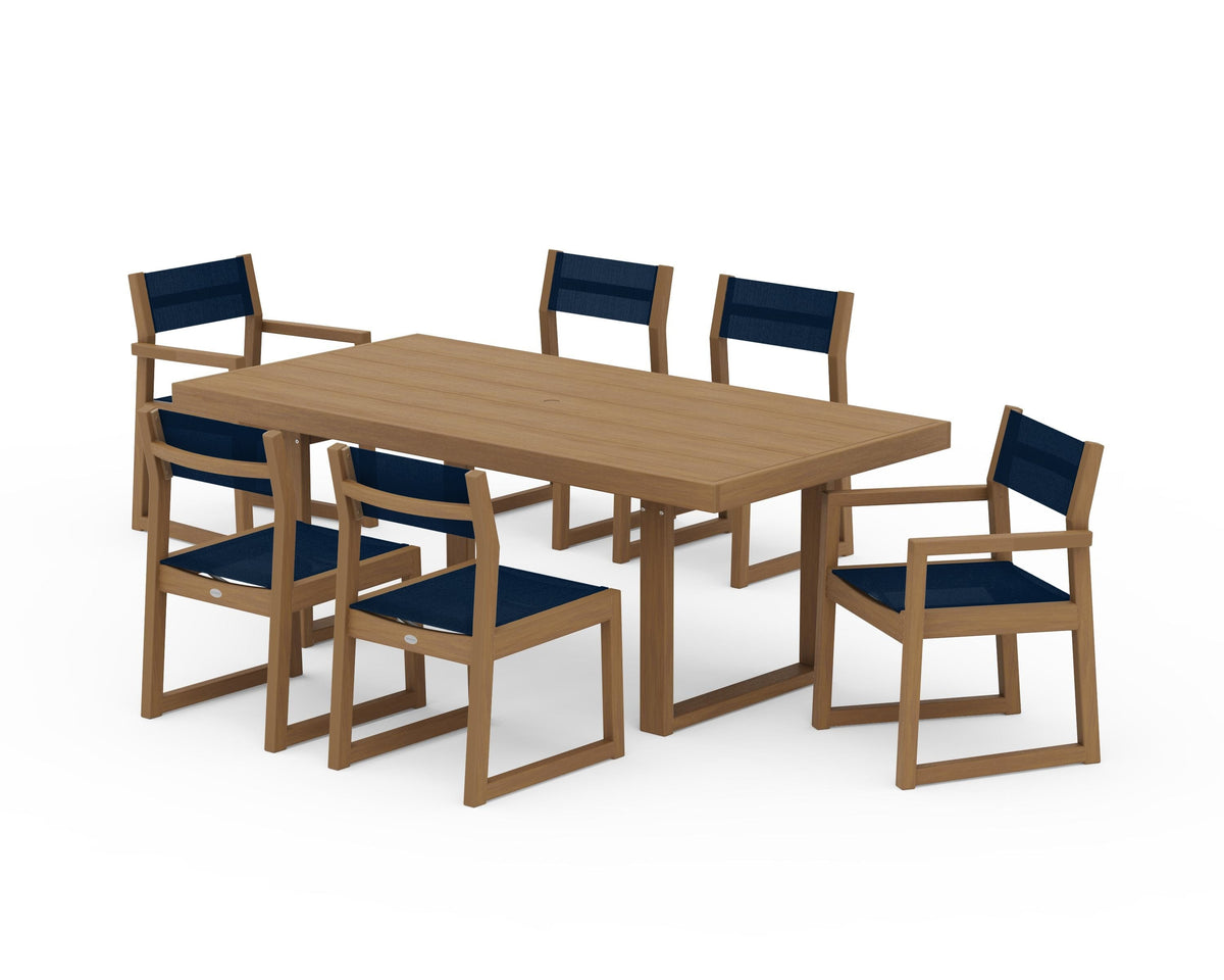 POLYWOOD EDGE Sling 7-Piece Dining Set in Natural / Navy Blue