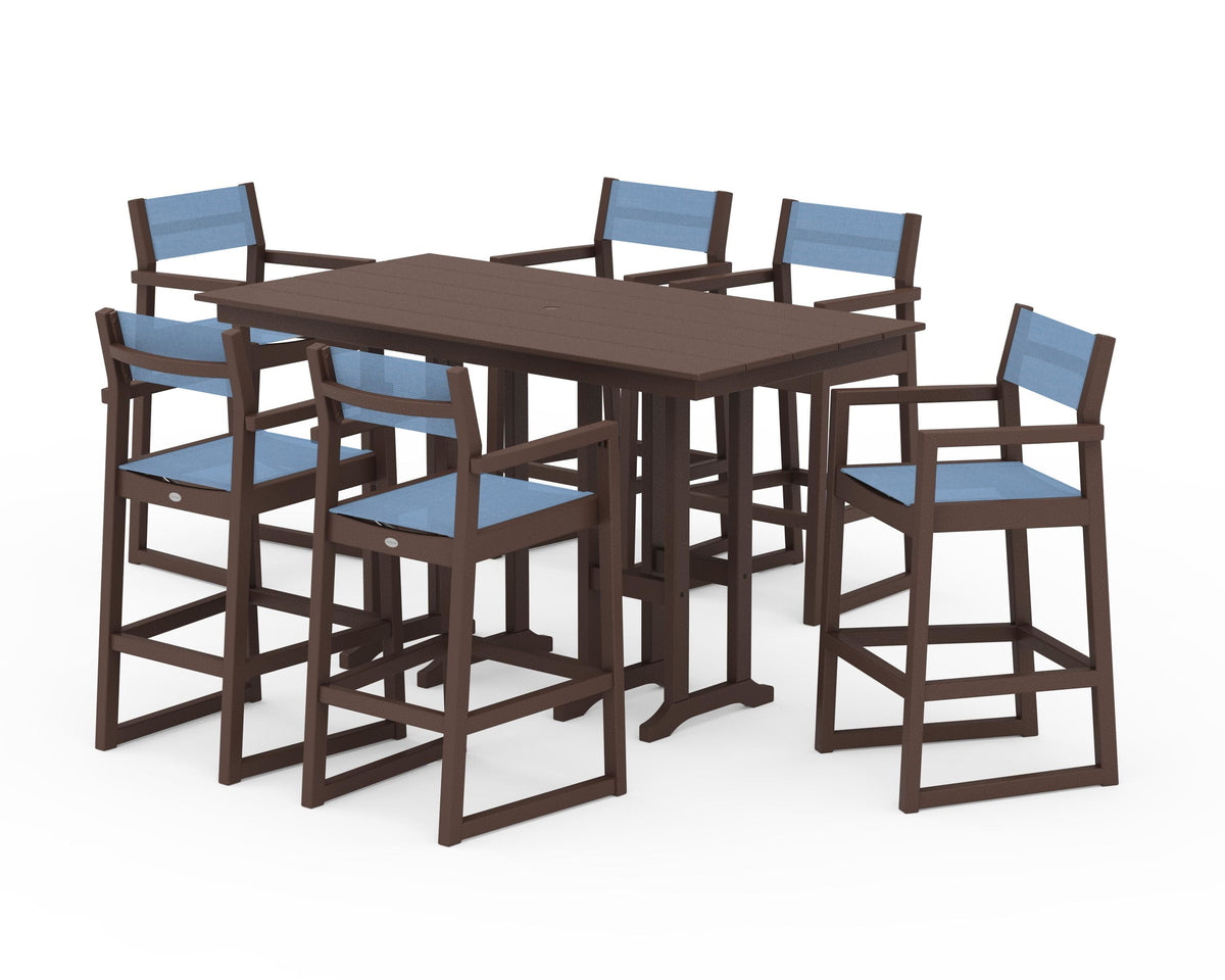 POLYWOOD EDGE Sling Arm Chair 7-Piece Farmhouse Bar Set in Mahogany / Poolside