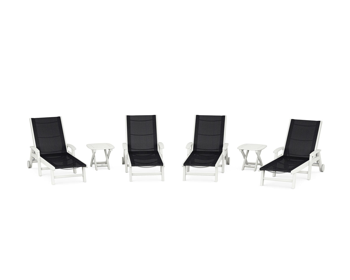 POLYWOOD Coastal Chaise 6-Piece Set with Wheels in Vintage White / Black