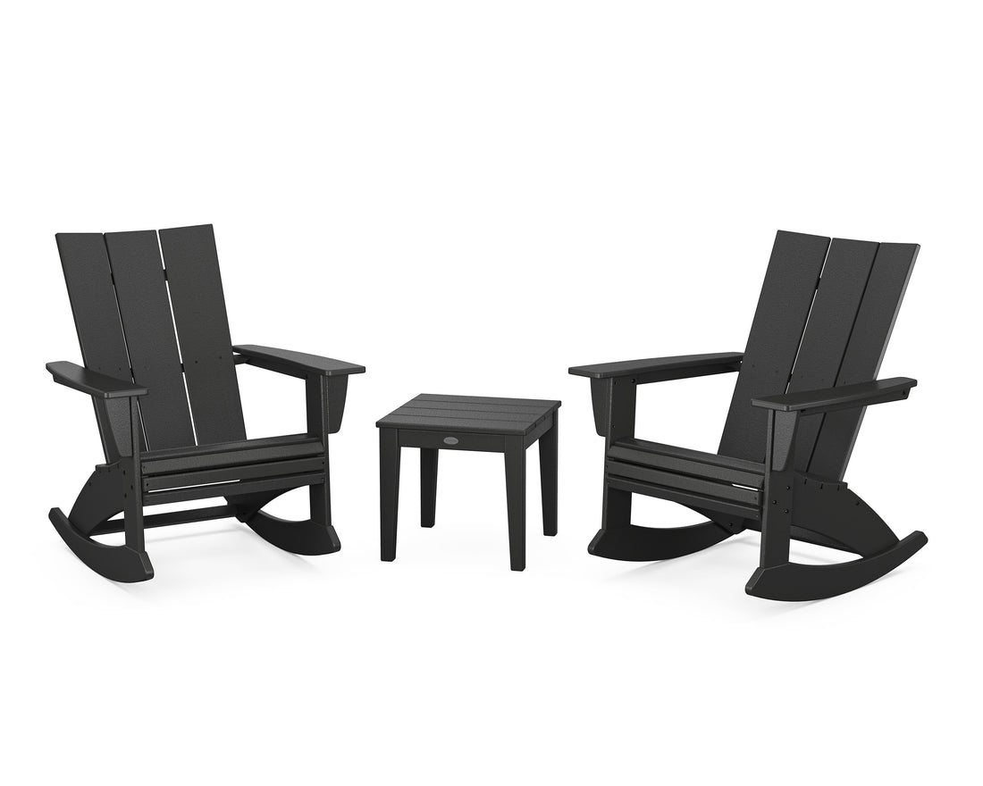 POLYWOOD Modern Curveback 3-Piece Adirondack Rocking Chair Set in Black